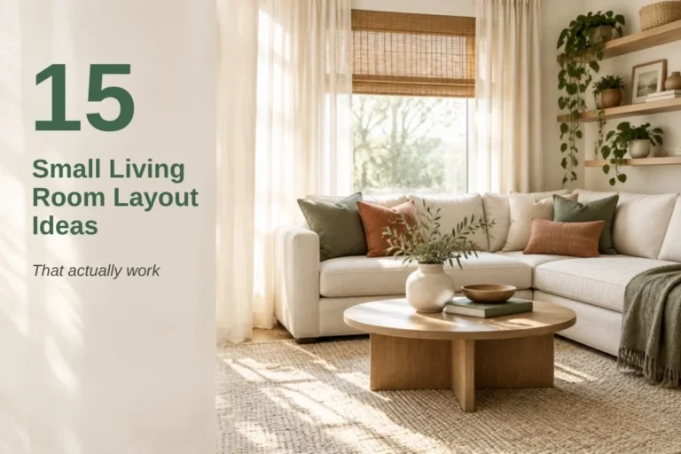 Bright small living room with a cream sectional, a round oak coffee table and sheer curtains, with the title 15 Small Living Room Layout Ideas That Actually Work