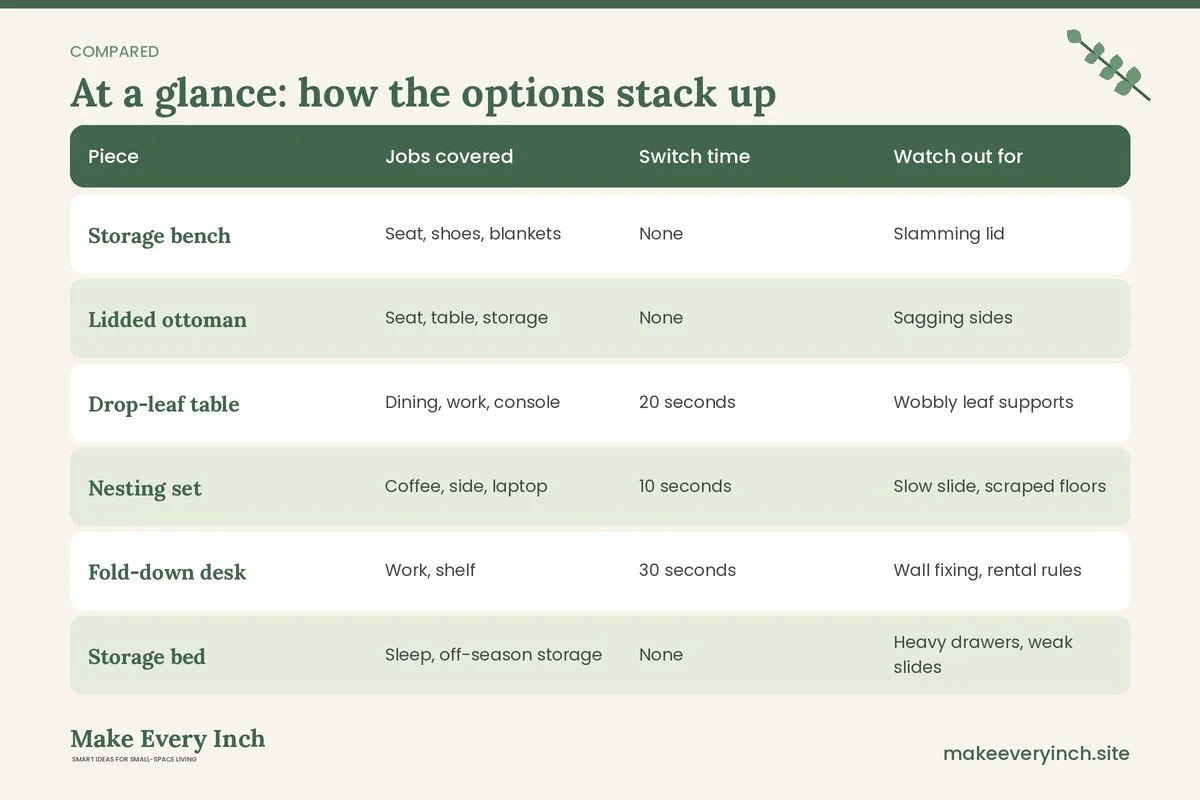 Comparison table of options for: Affordable Multi-Use Furniture for Small Homes (Piece, Jobs covered, Switch time, Watch out for)