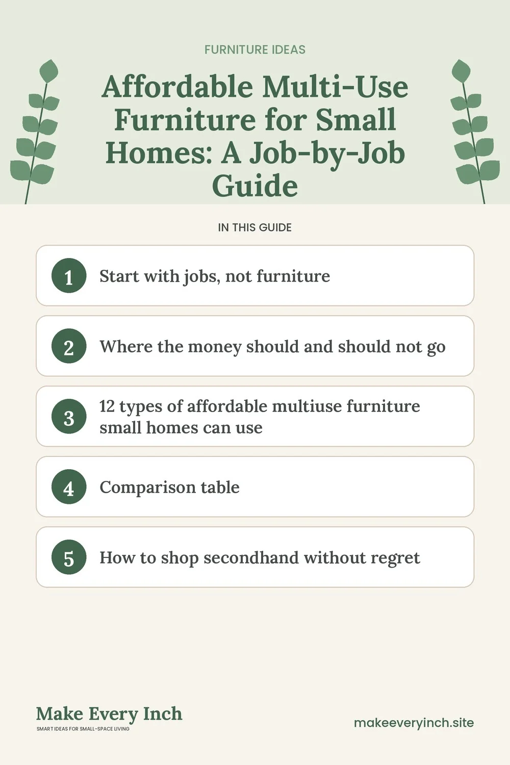 Pinterest pin listing the main topics in: Affordable Multi-Use Furniture for Small Homes