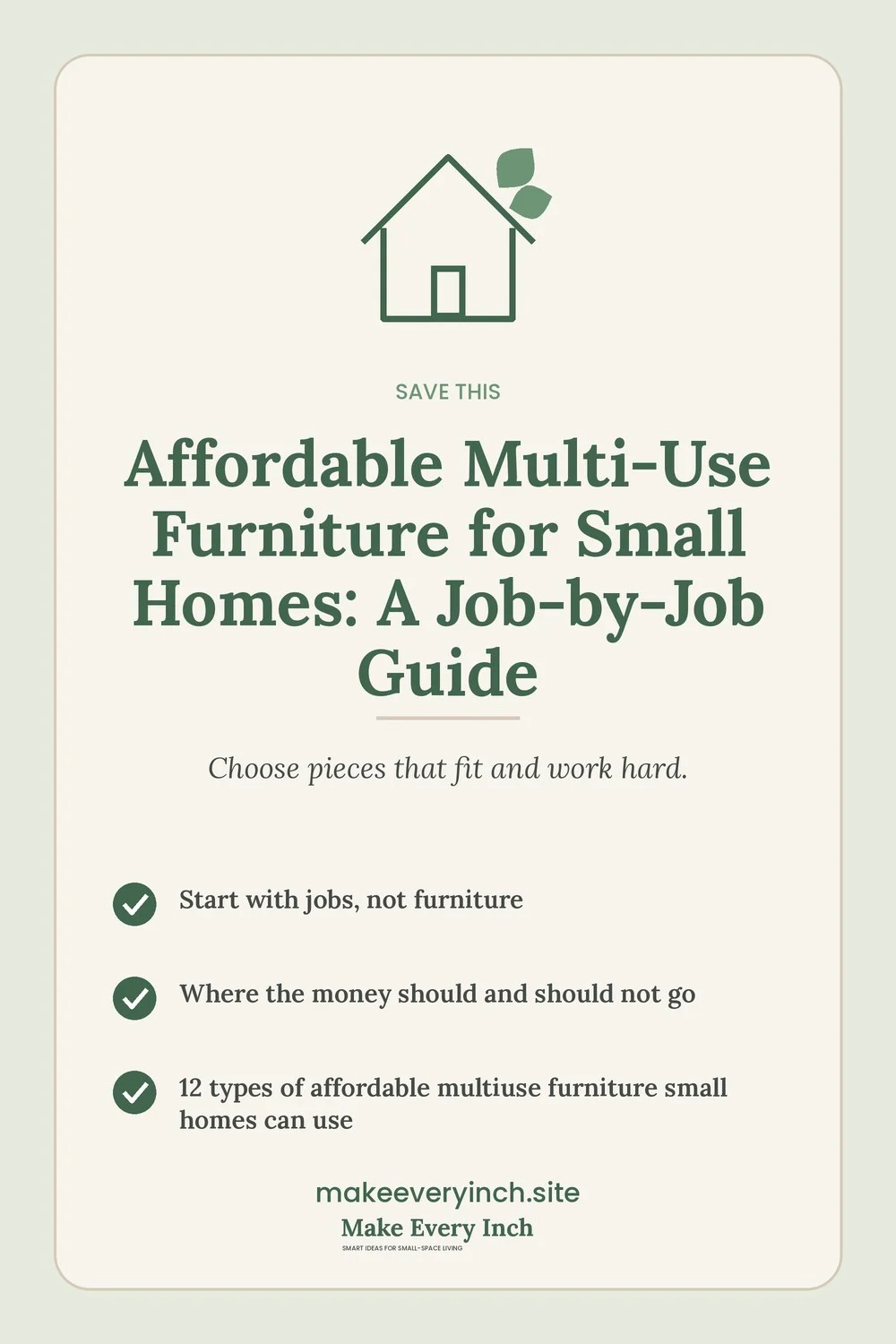 Save-this Pinterest pin with a short checklist for: Affordable Multi-Use Furniture for Small Homes