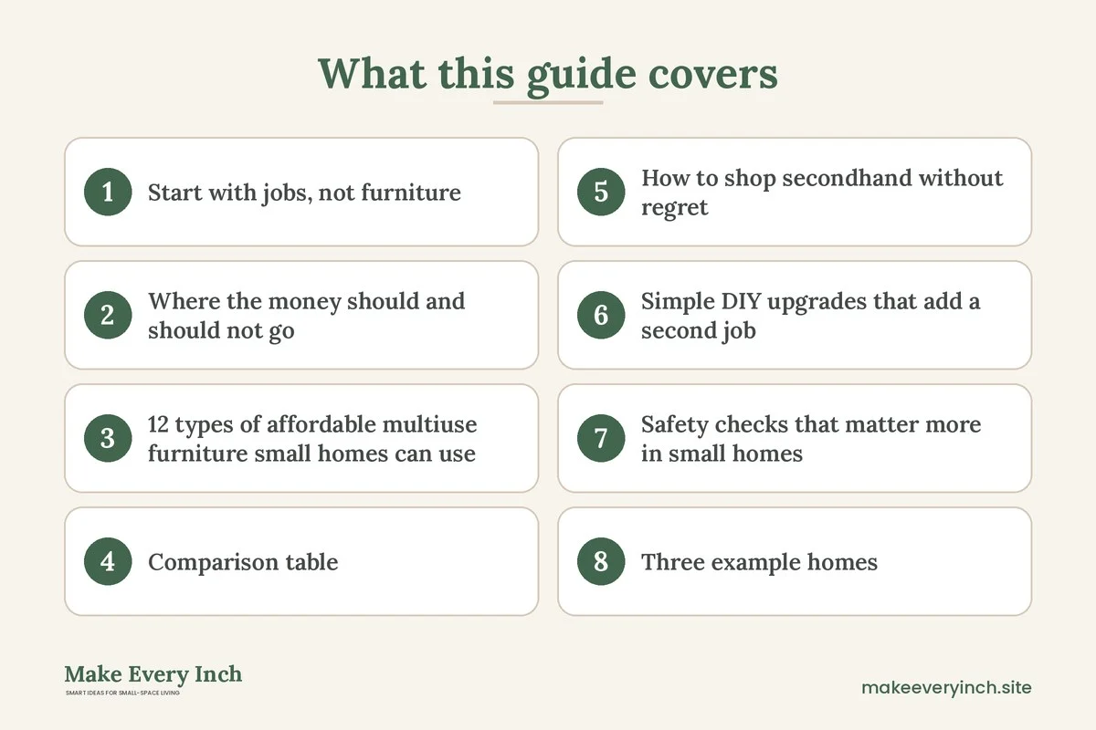 Graphic listing 8 topics covered in: Affordable Multi-Use Furniture for Small Homes