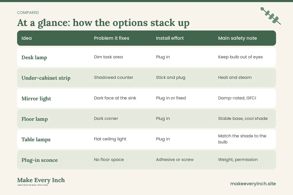 Comparison table of options for: 13 Affordable Small Space Lighting Ideas, Ranked by What to Buy First (Idea, Problem it fixes, Install effort, Main safety note)