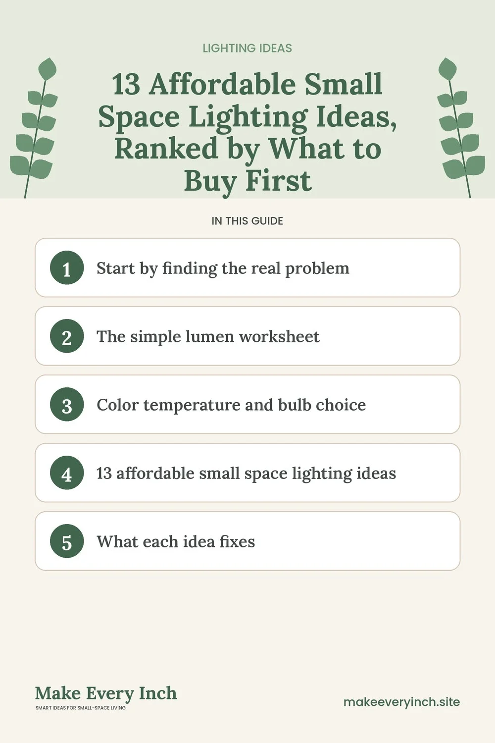 Pinterest pin listing the main topics in: 13 Affordable Small Space Lighting Ideas, Ranked by What to Buy First