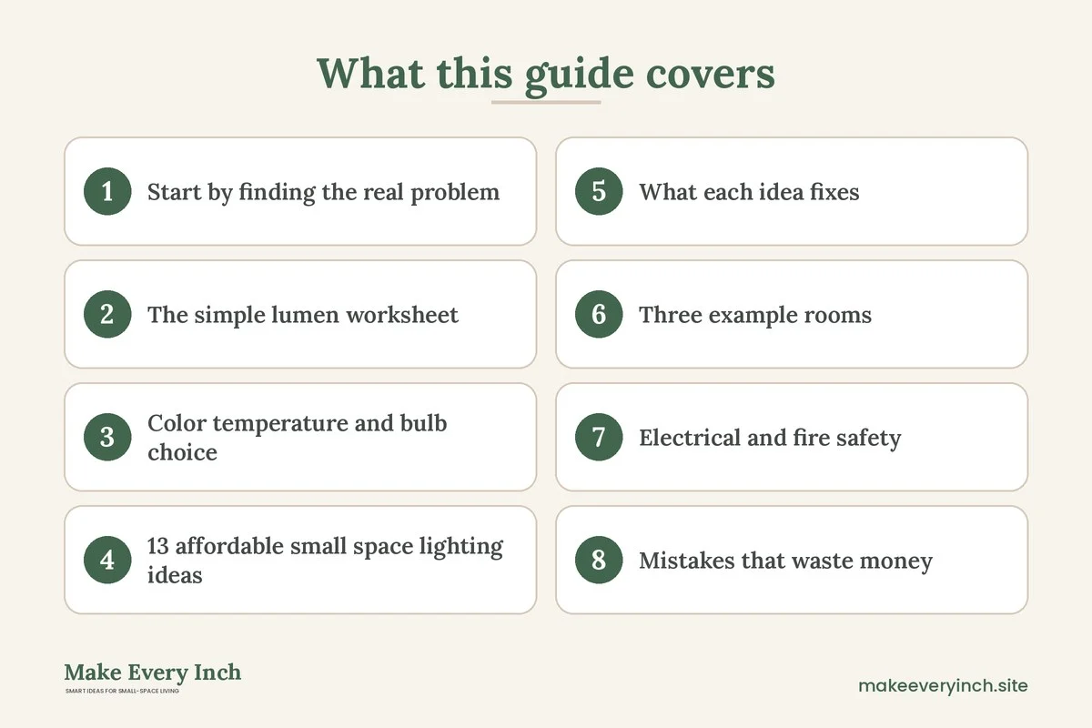 Graphic listing 8 topics covered in: 13 Affordable Small Space Lighting Ideas, Ranked by What to Buy First