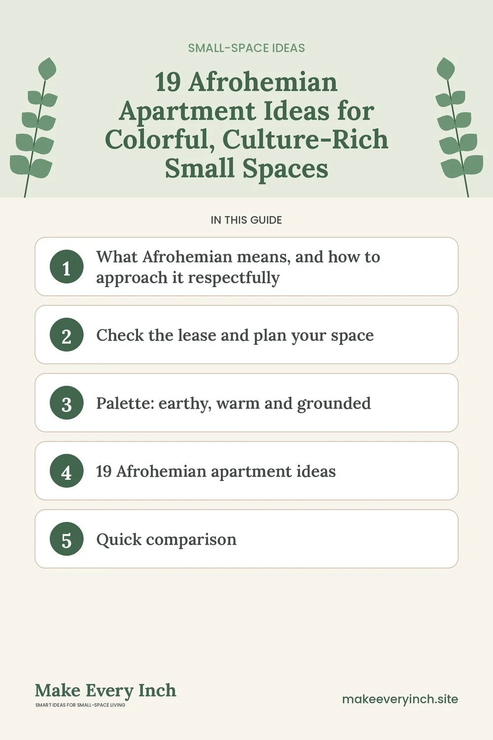 Pinterest pin listing the main topics in: 19 Afrohemian Apartment Ideas for Colorful, Culture-Rich Small Spaces