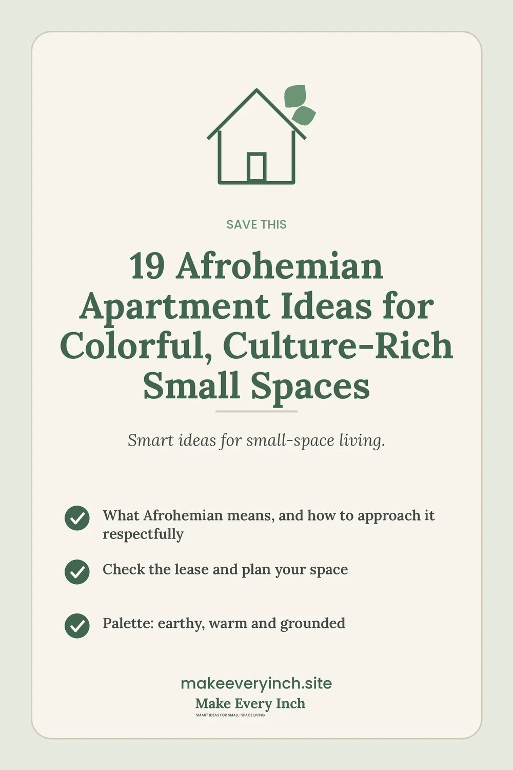 Save-this Pinterest pin with a short checklist for: 19 Afrohemian Apartment Ideas for Colorful, Culture-Rich Small Spaces