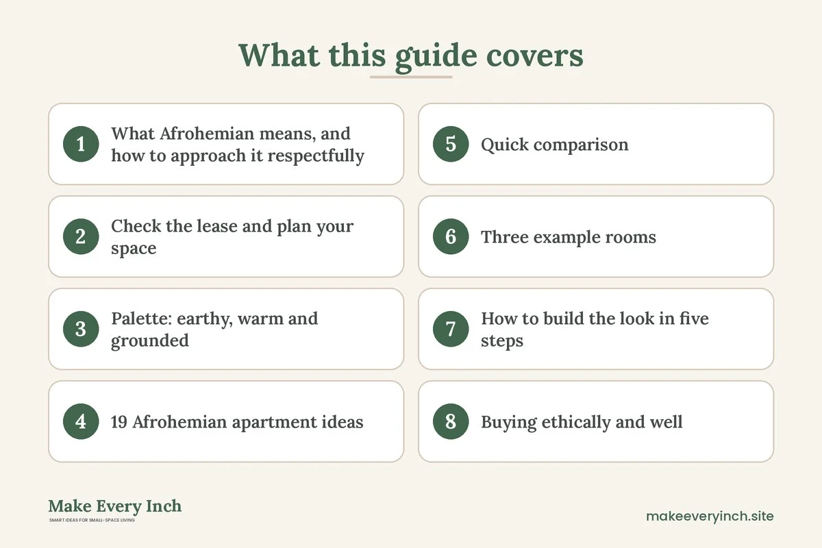 Graphic listing 8 topics covered in: 19 Afrohemian Apartment Ideas for Colorful, Culture-Rich Small Spaces