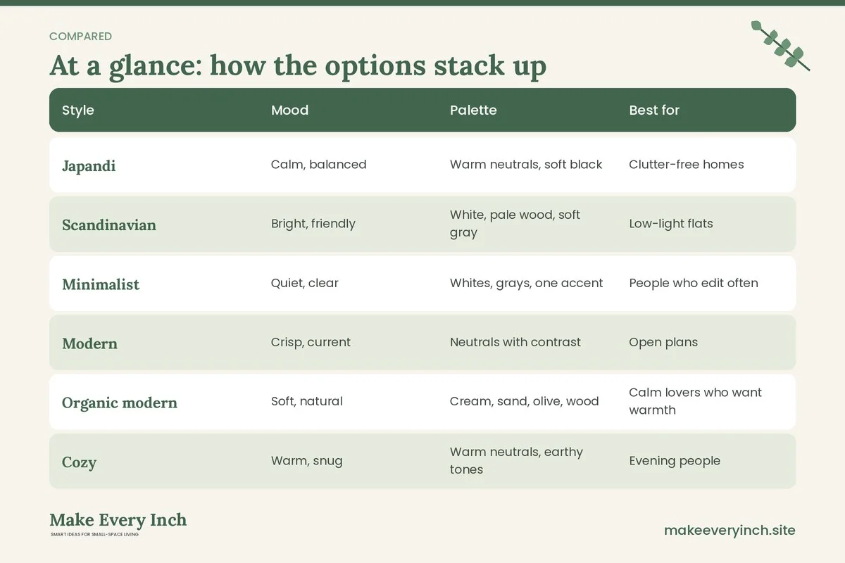 Comparison table of options for: Apartment Decorating Styles (Style, Mood, Palette, Best for)