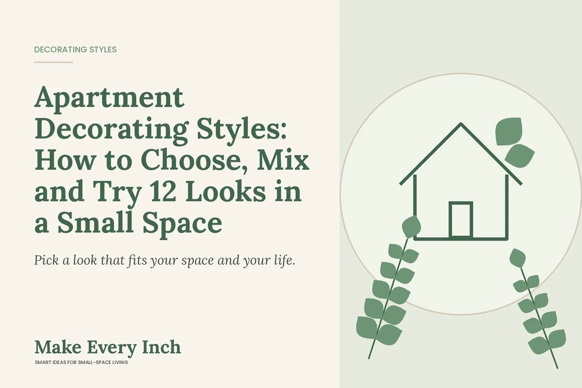 Apartment Decorating Styles: How to Choose, Mix and Try 12 Looks in a Small Space, Make Every Inch guide cover with a house and leaf illustration