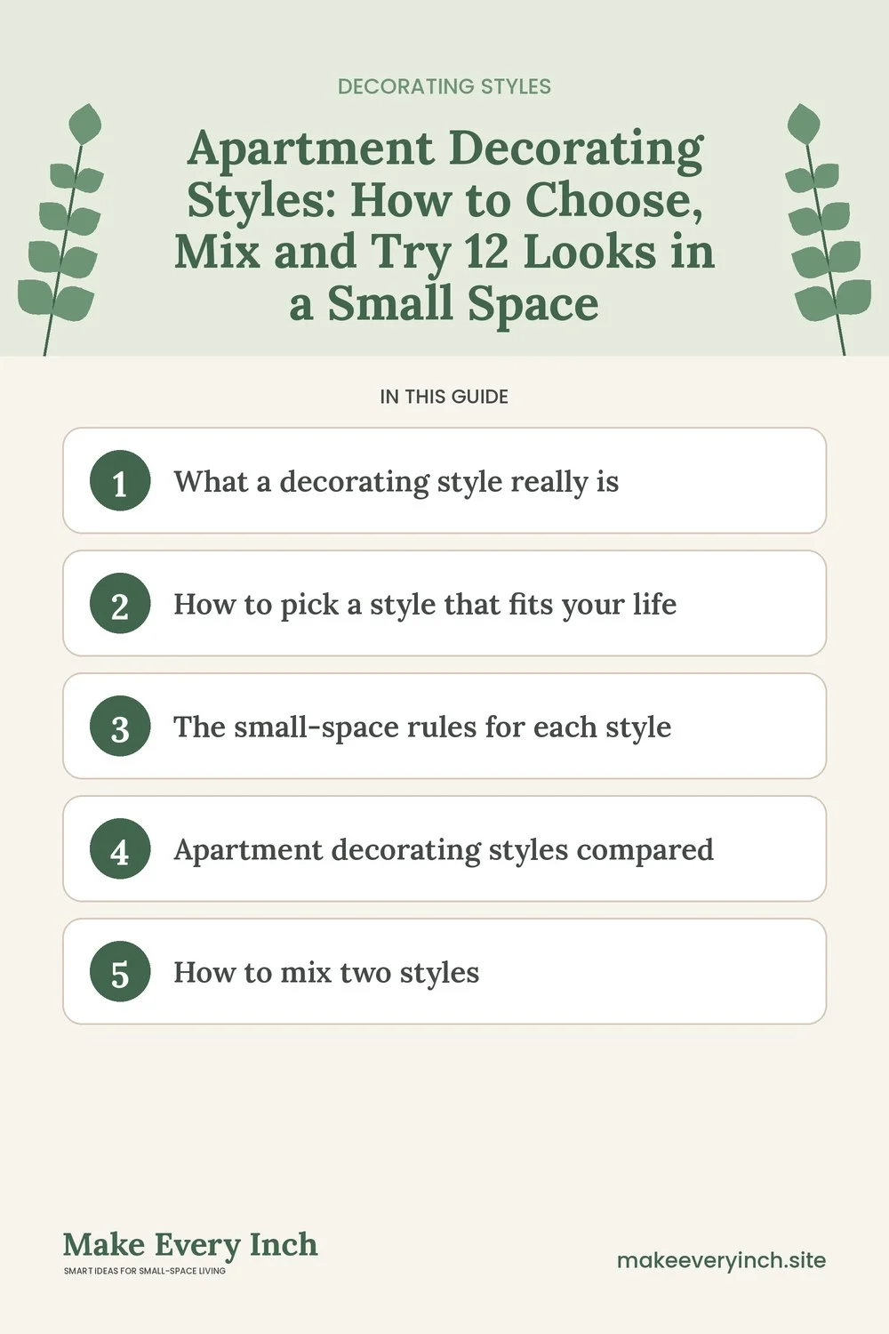 Pinterest pin listing topics in the apartment decorating styles guide, starting with what a decorating style really is