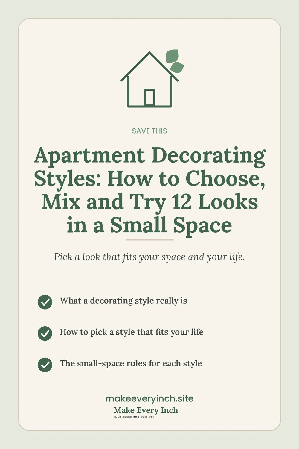 Save-this Pinterest pin for the apartment decorating styles guide with a short checklist of key topics