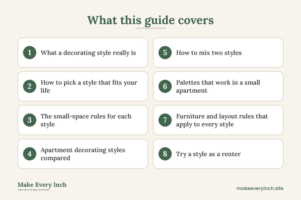 Graphic listing 8 topics covered in the apartment decorating styles guide, from what a decorating style really is to try a style as a renter