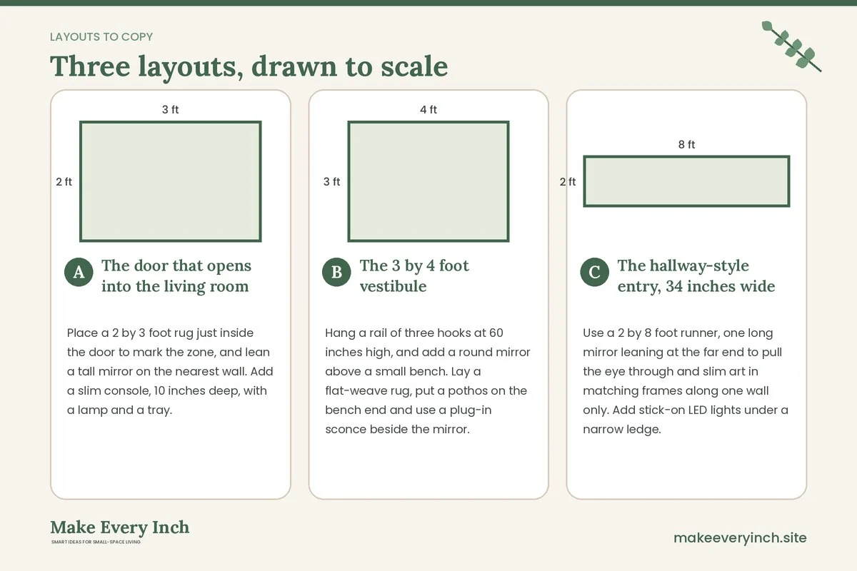 Three room layouts drawn to scale with dimensions and placement notes for: 21 Apartment Entryway Decorating Ideas That Feel Welcoming