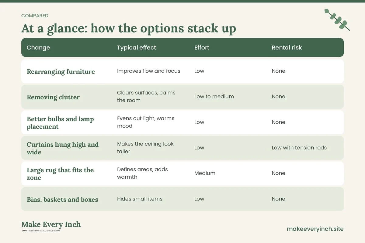 Comparison table of options for: Budget Small Space Makeovers, Before and After (Change, Typical effect, Effort, Rental risk)