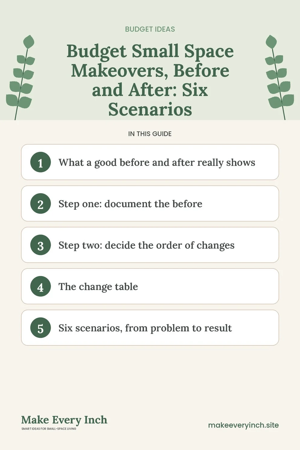 Pinterest pin listing the main topics in: Budget Small Space Makeovers, Before and After