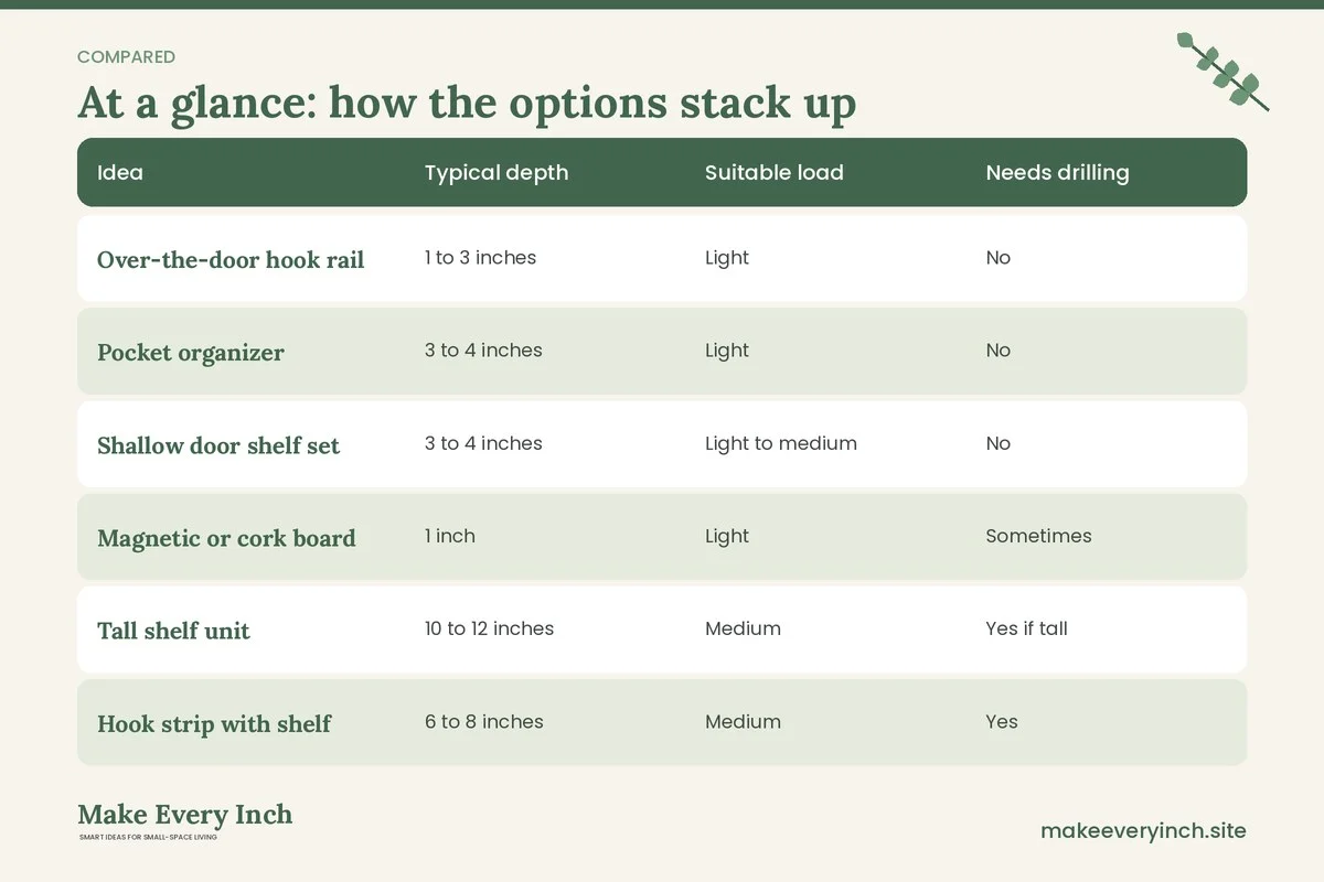 Comparison table of options for: 15 Behind-the-Door Storage Ideas for Entryways and Unused Walls (Idea, Typical depth, Suitable load, Needs drilling)
