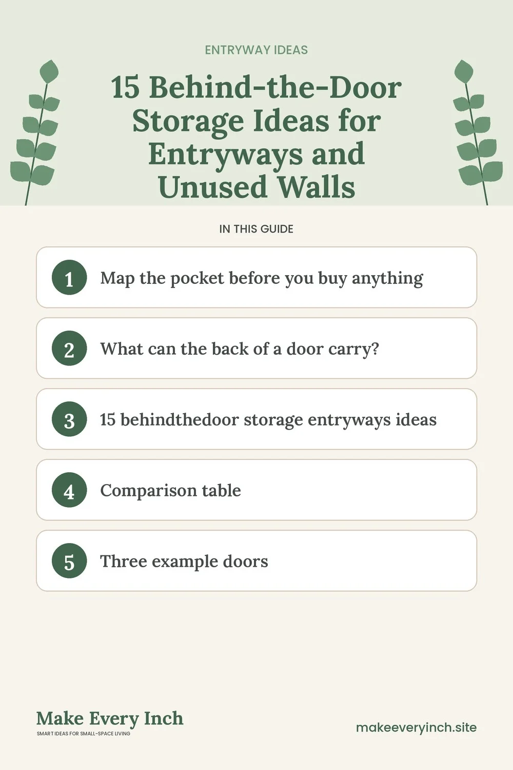Pinterest pin listing the main topics in: 15 Behind-the-Door Storage Ideas for Entryways and Unused Walls