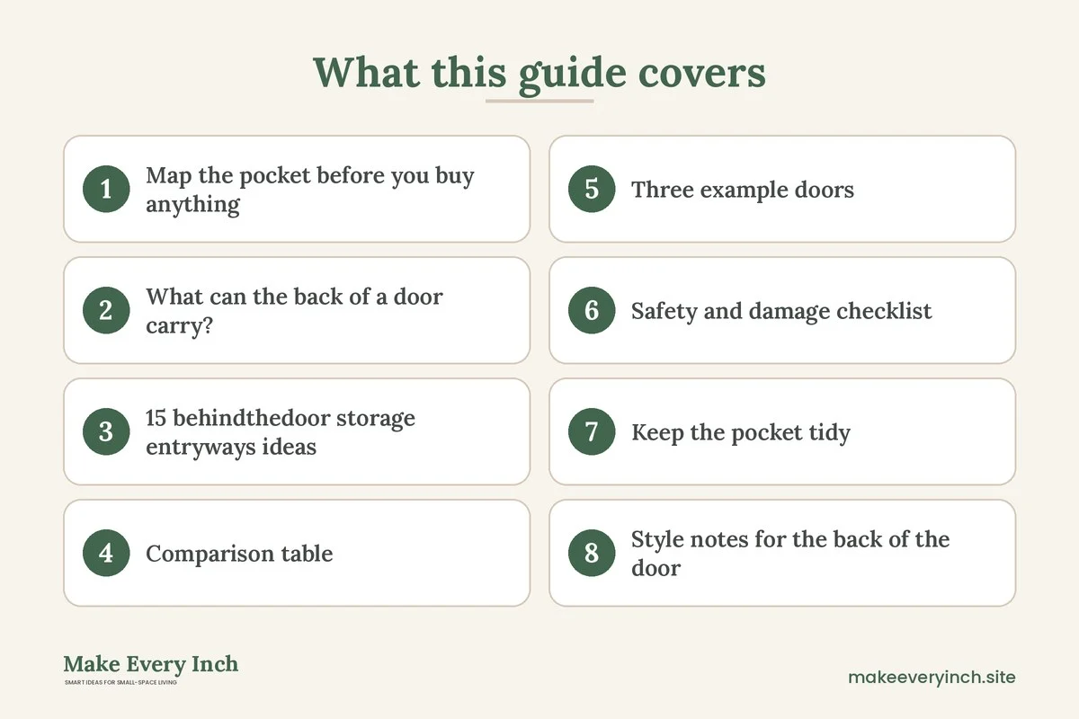 Graphic listing 8 topics covered in: 15 Behind-the-Door Storage Ideas for Entryways and Unused Walls