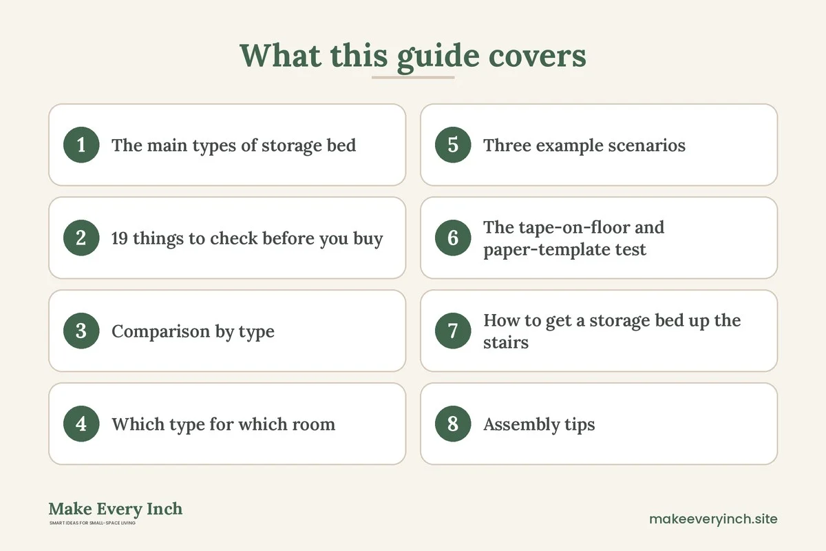 Graphic listing 8 topics covered in: How to Choose the Best Beds With Storage