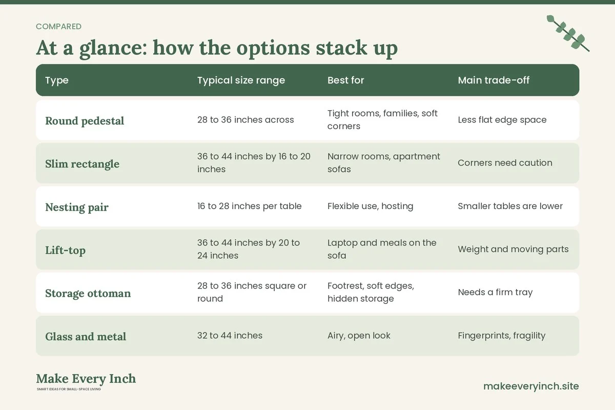 Comparison table of options for: Best Coffee Tables for Small Living Rooms (Type, Typical size range, Best for, Main trade-off)