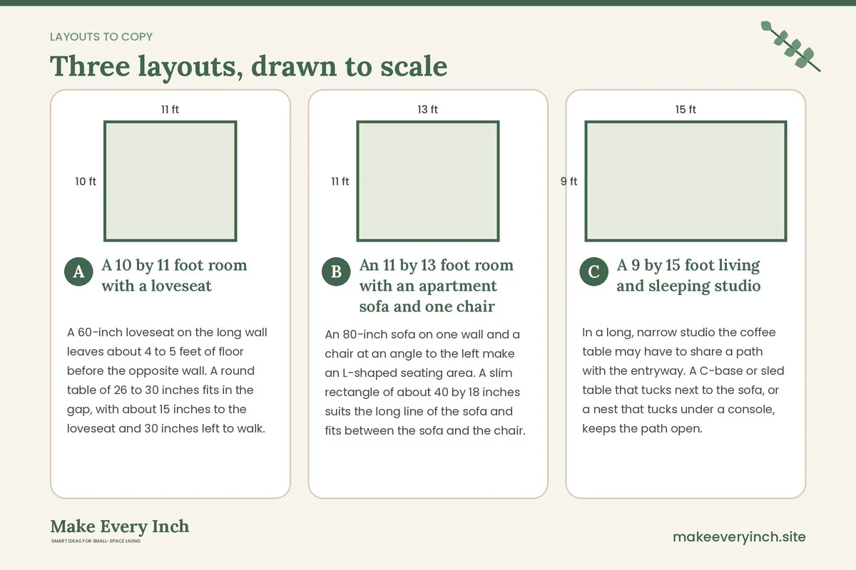 Three room layouts drawn to scale with dimensions and placement notes for: Best Coffee Tables for Small Living Rooms