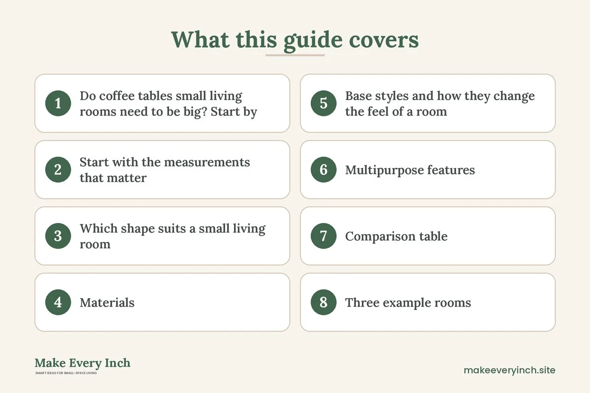 Graphic listing 8 topics covered in: Best Coffee Tables for Small Living Rooms