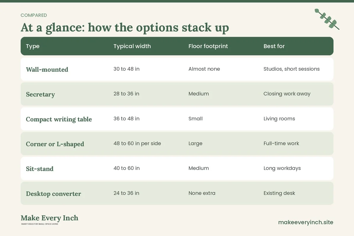 Comparison table of options for: How to Choose the Best Desks for Small Apartments (Type, Typical width, Floor footprint, Best for)