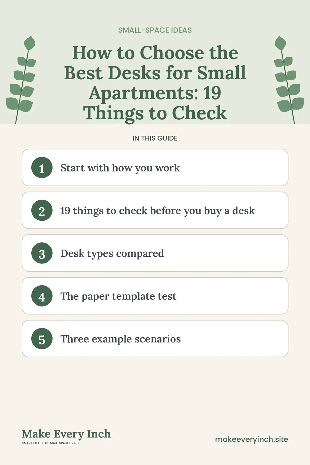 Pinterest pin listing the main topics in: How to Choose the Best Desks for Small Apartments