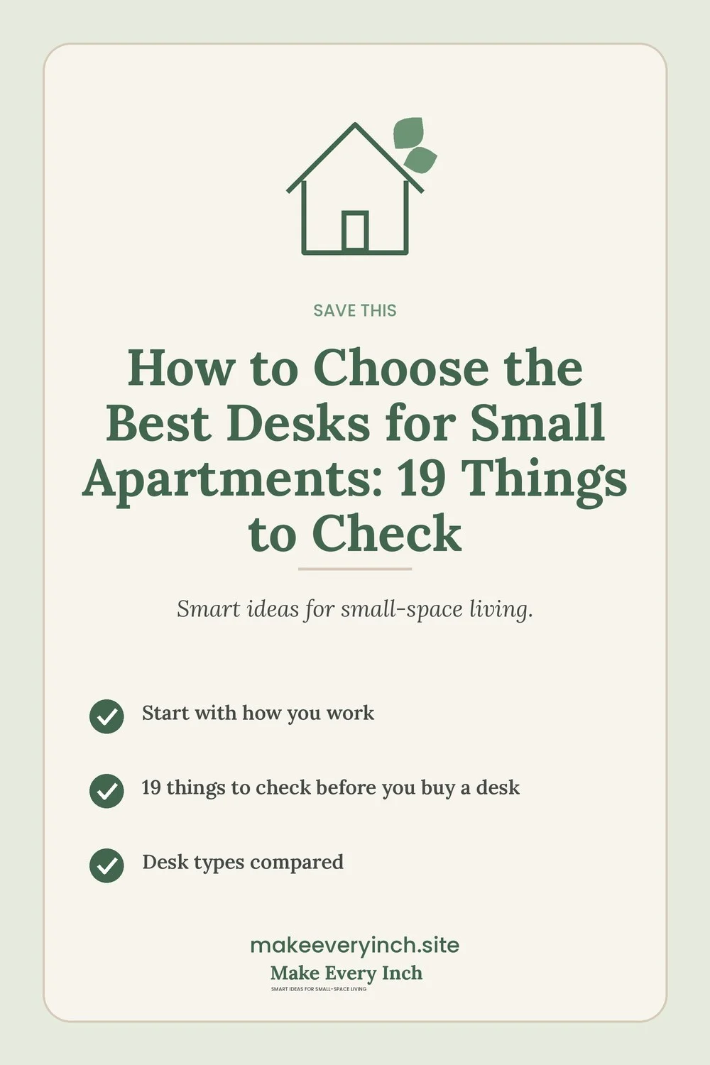 Save-this Pinterest pin with a short checklist for: How to Choose the Best Desks for Small Apartments