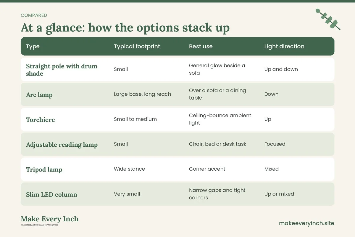 Comparison table of options for: How to Choose the Best Floor Lamps for Small Rooms (Type, Typical footprint, Best use, Light direction)