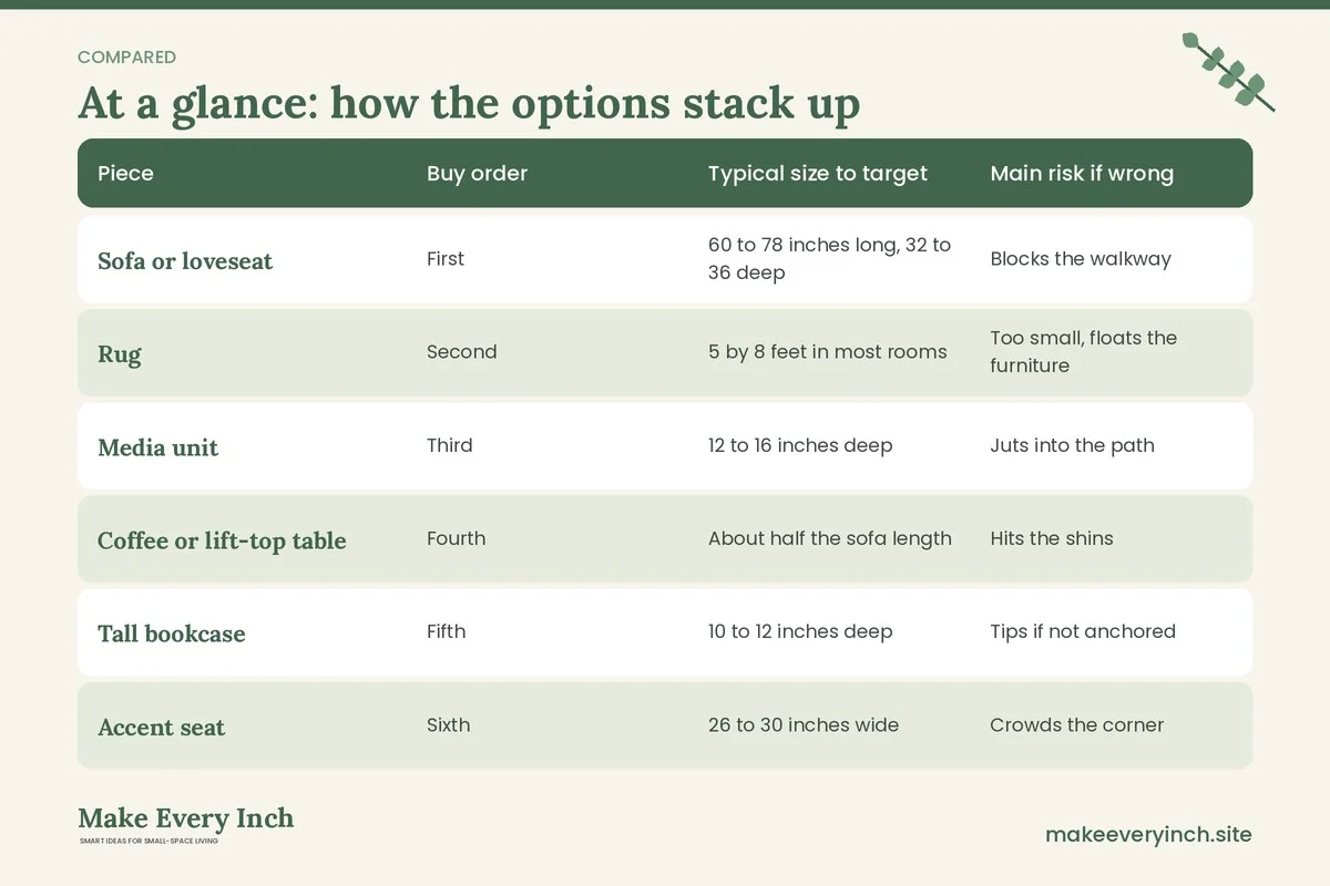 Comparison table of options for: Best Furniture for a Small Living Room (Piece, Buy order, Typical size to target, Main risk if wrong)