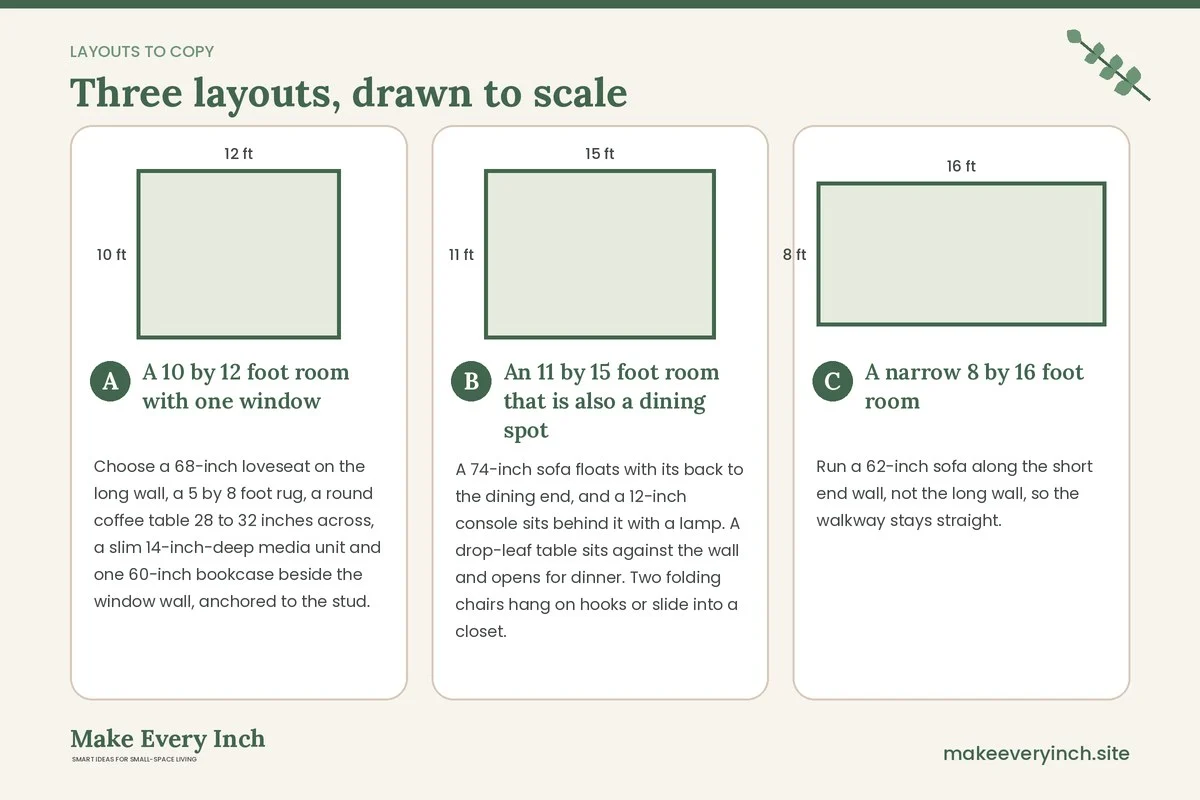 Three room layouts drawn to scale with dimensions and placement notes for: Best Furniture for a Small Living Room