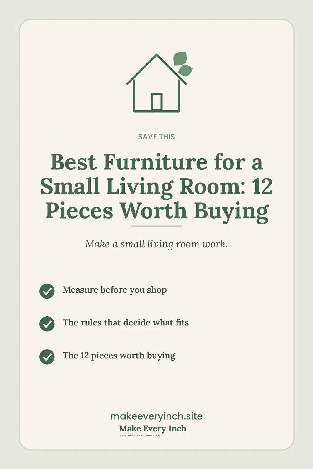 Save-this Pinterest pin with a short checklist for: Best Furniture for a Small Living Room