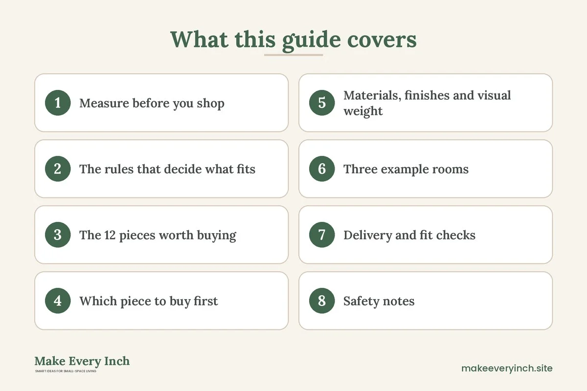 Graphic listing 8 topics covered in: Best Furniture for a Small Living Room