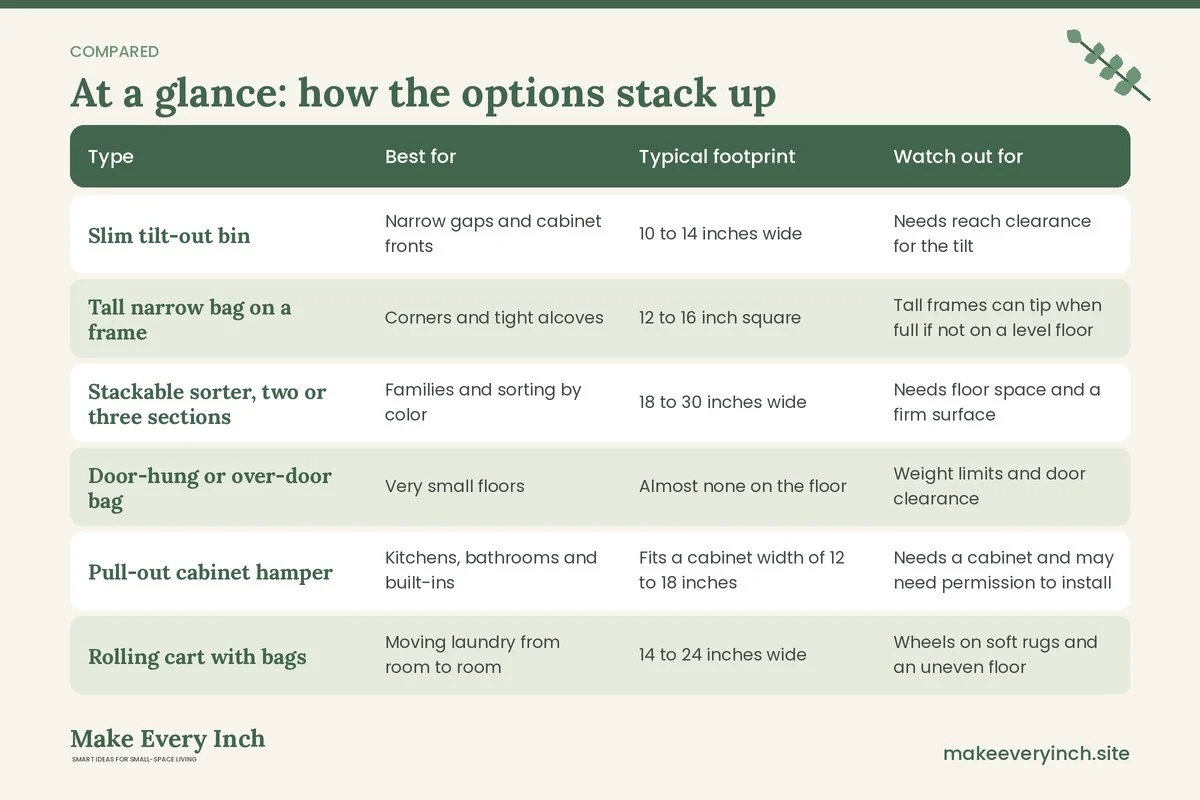 Comparison table of options for: Best Hampers for Small Laundry Areas (Type, Best for, Typical footprint, Watch out for)