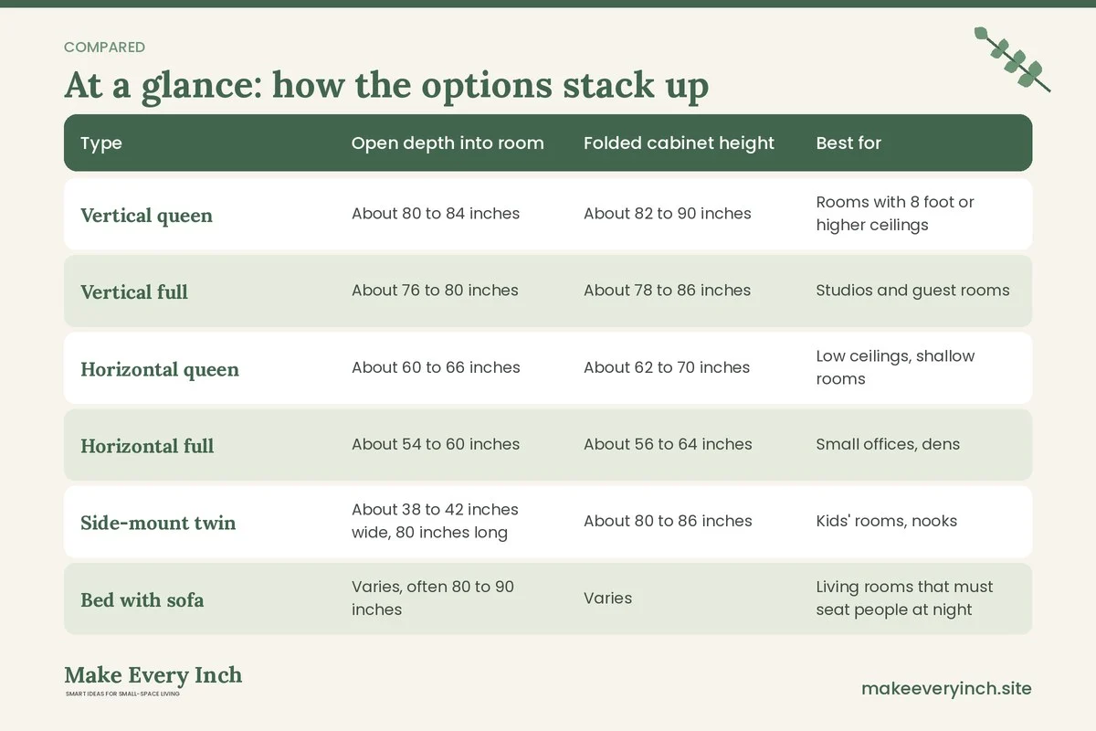 Comparison table of options for: Best Murphy Beds for Small Homes (Type, Open depth into room, Folded cabinet height, Best for)