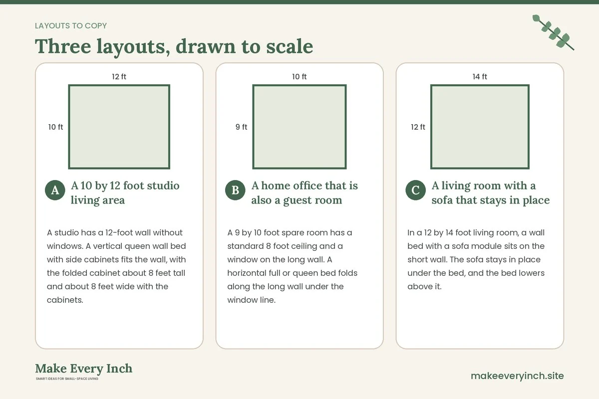 Three room layouts drawn to scale with dimensions and placement notes for: Best Murphy Beds for Small Homes