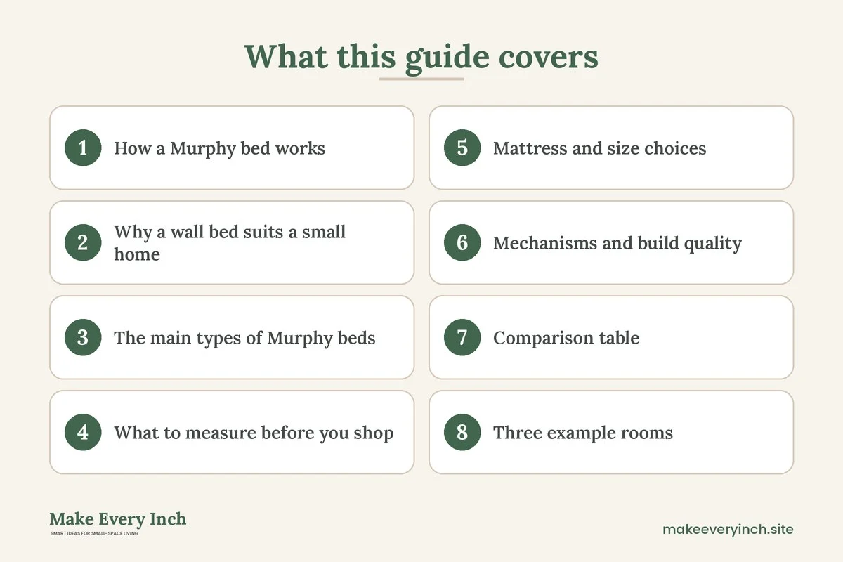 Graphic listing 8 topics covered in: Best Murphy Beds for Small Homes