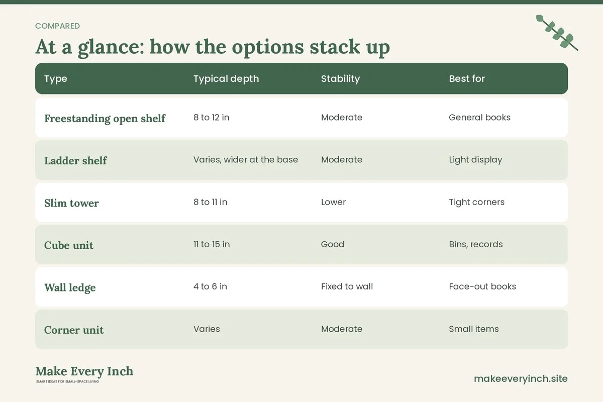 Comparison table of options for: How to Choose the Best Narrow Bookshelves (Type, Typical depth, Stability, Best for)