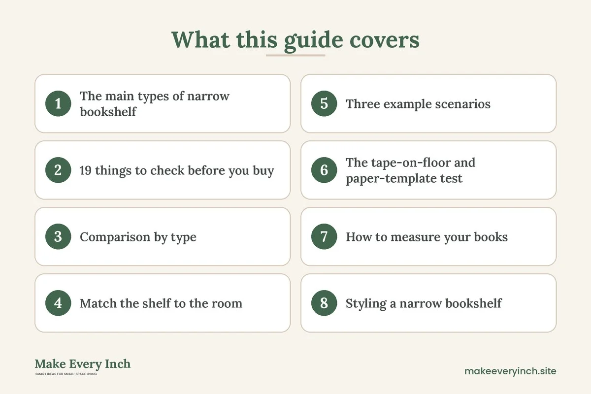 Graphic listing 8 topics covered in: How to Choose the Best Narrow Bookshelves