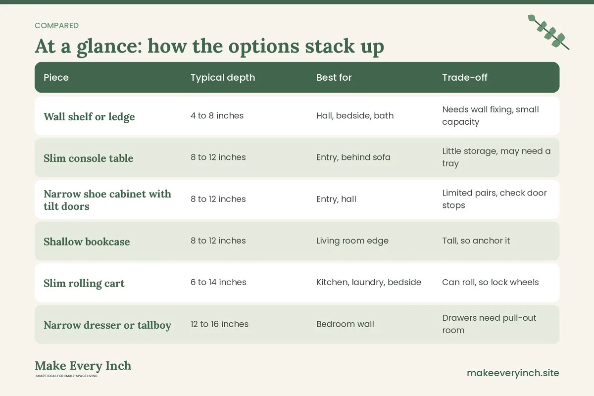 Comparison table of options for: Best Narrow Furniture for Tight Walkways (Piece, Typical depth, Best for, Trade-off)