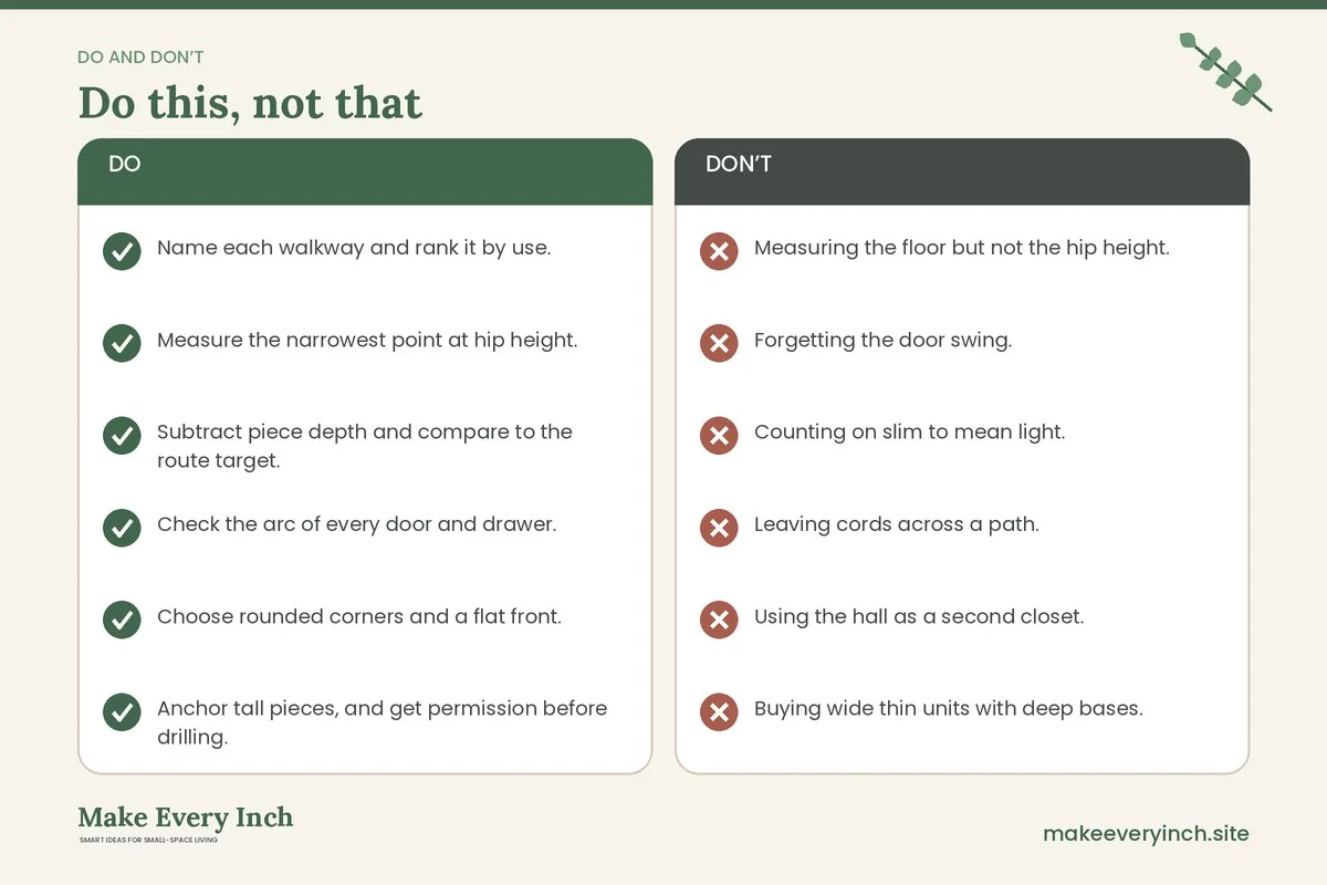 Do and don't checklist for: Best Narrow Furniture for Tight Walkways