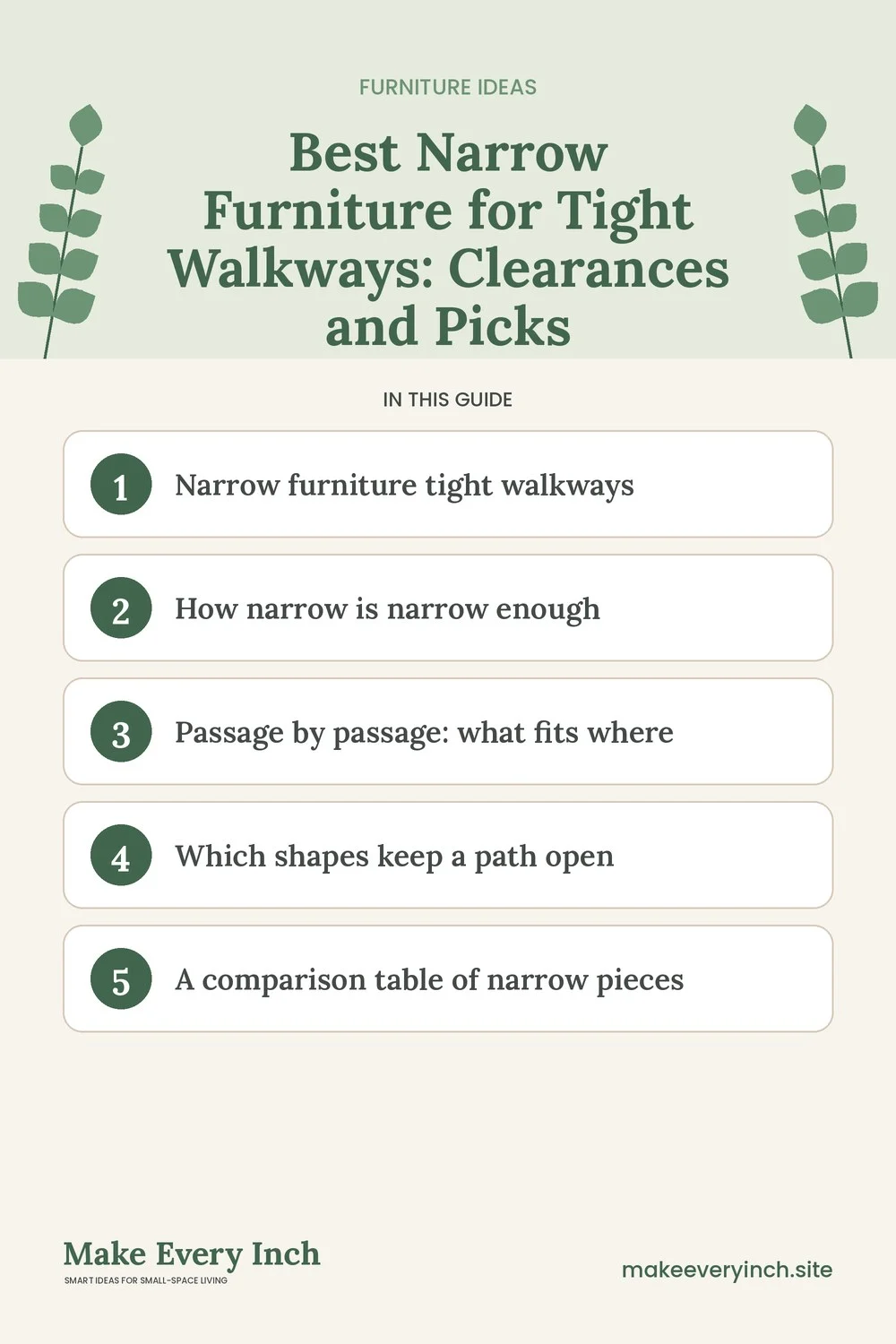 Pinterest pin listing the main topics in: Best Narrow Furniture for Tight Walkways