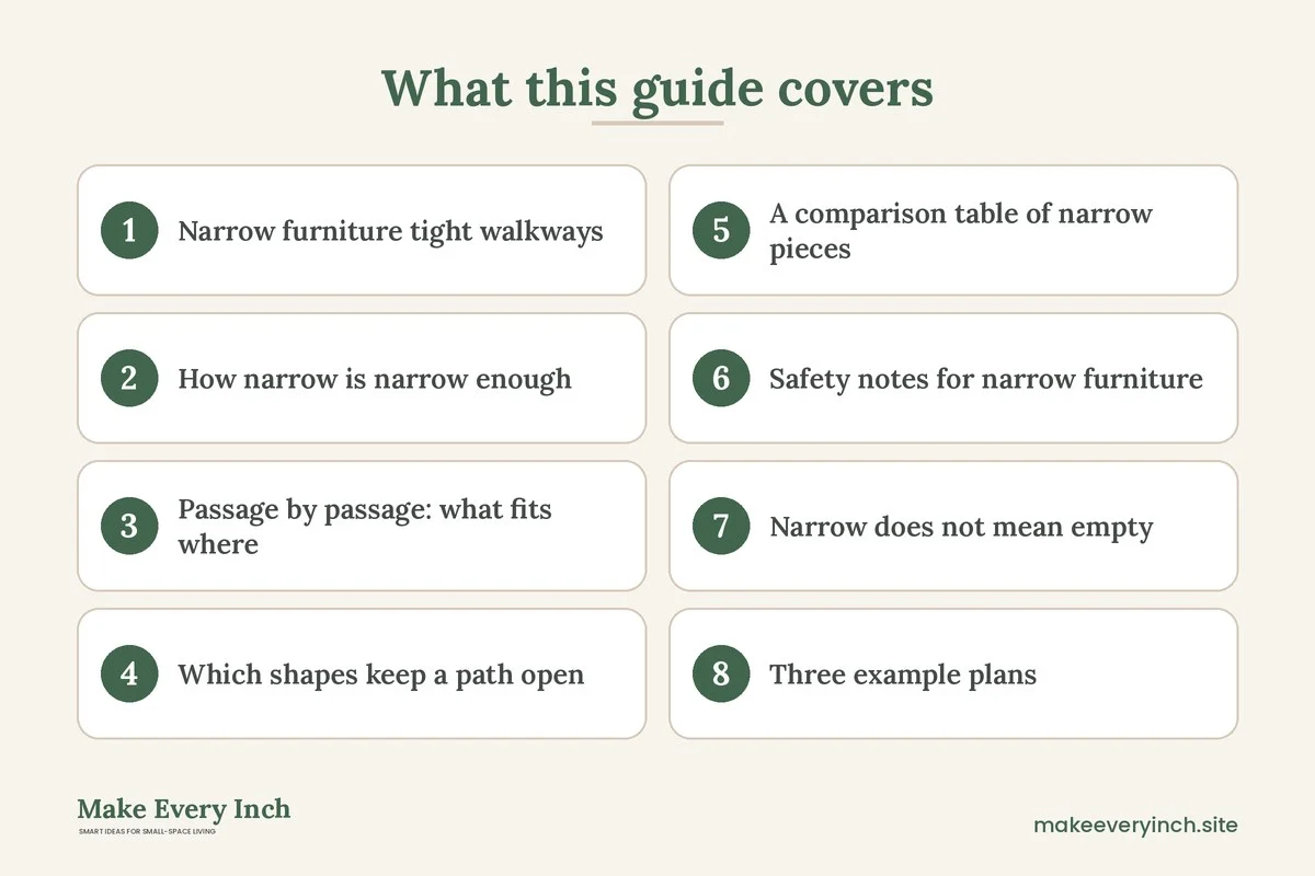 Graphic listing 8 topics covered in: Best Narrow Furniture for Tight Walkways