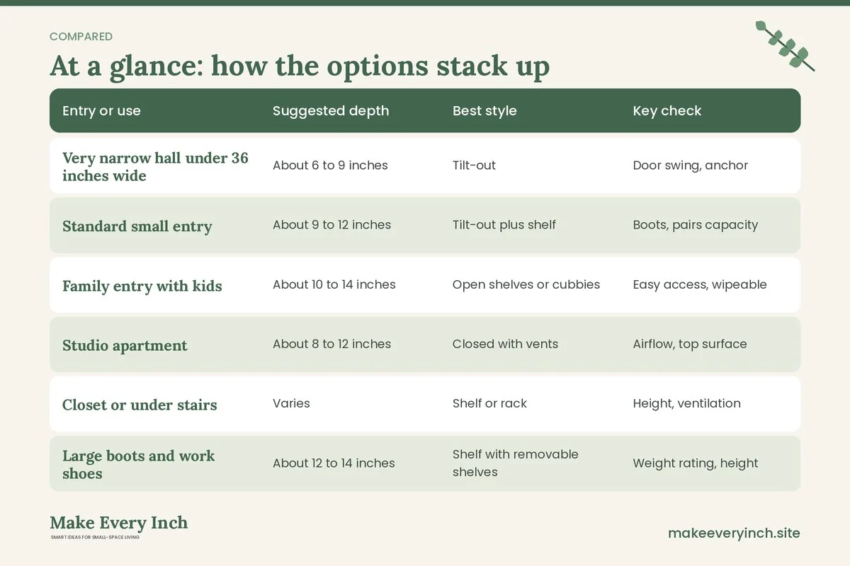 Comparison table of options for: How to Choose the Best Narrow Shoe Cabinets (Entry or use, Suggested depth, Best style, Key check)