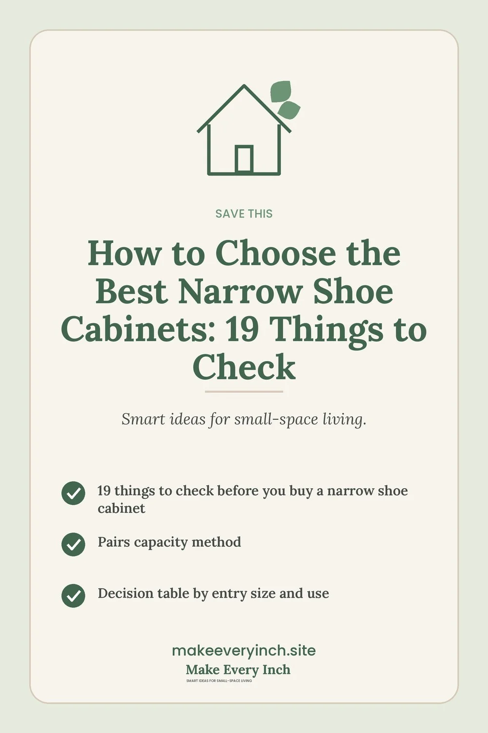 Save-this Pinterest pin with a short checklist for: How to Choose the Best Narrow Shoe Cabinets