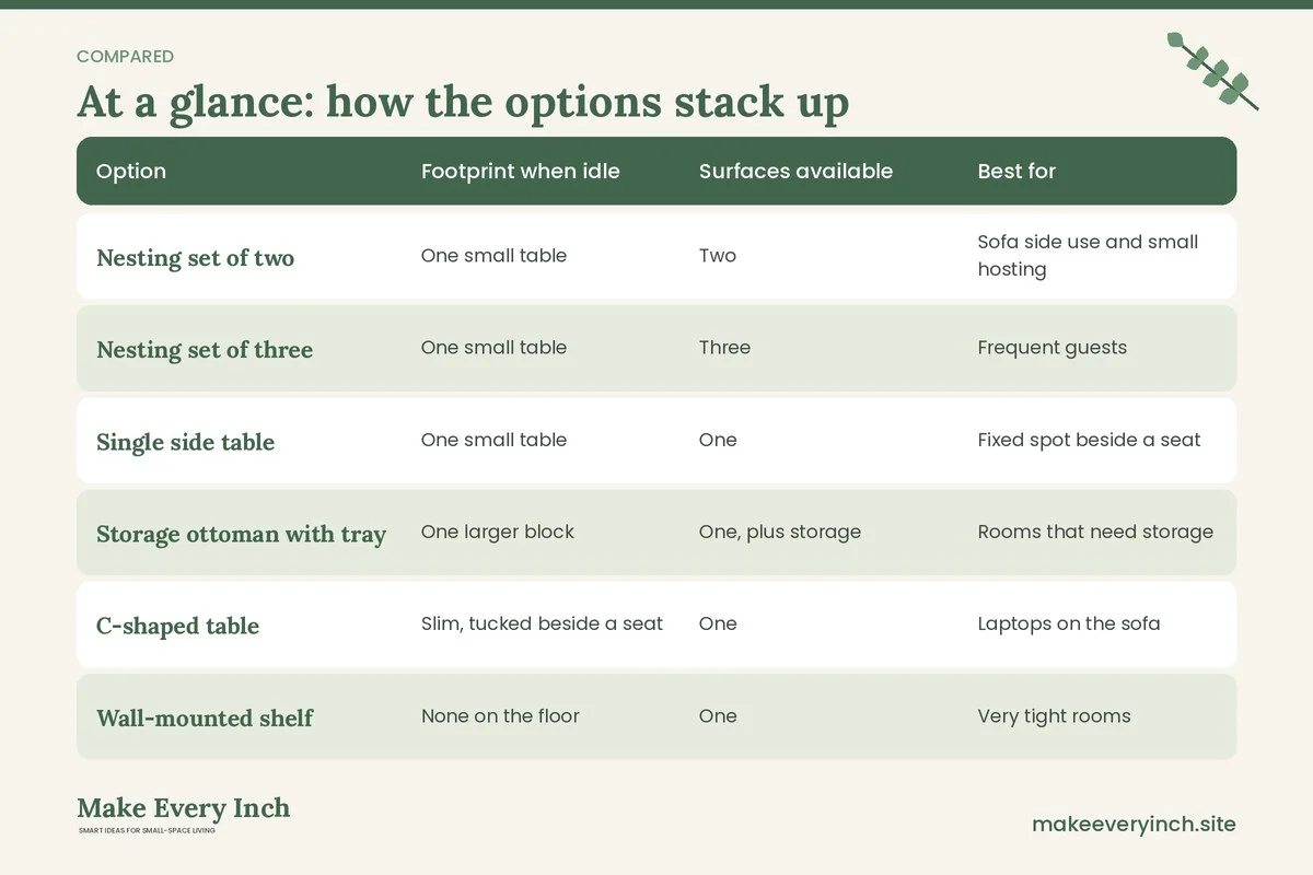 Comparison table of options for: The Best Nesting Tables for Small Apartments That Actually Work (Option, Footprint when idle, Surfaces available, Best for)