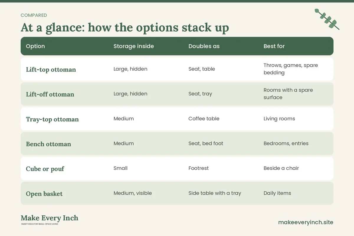 Comparison table of options for: Best Ottomans with Storage for Small Homes (Option, Storage inside, Doubles as, Best for)