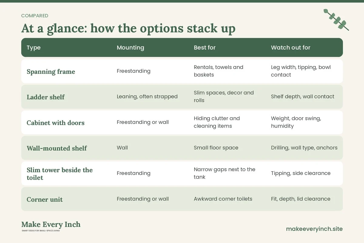 Comparison table of options for: How to Choose the Best Over-the-Toilet Storage (Type, Mounting, Best for, Watch out for)