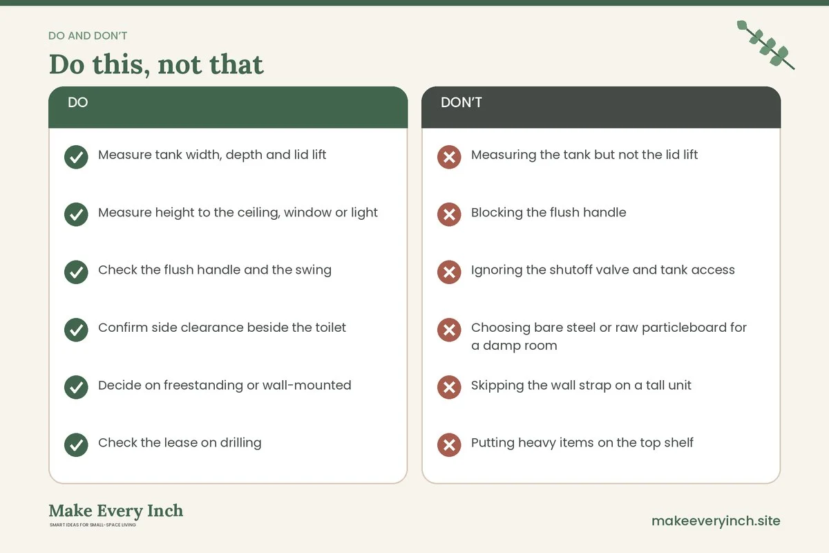 Do and don't checklist for: How to Choose the Best Over-the-Toilet Storage